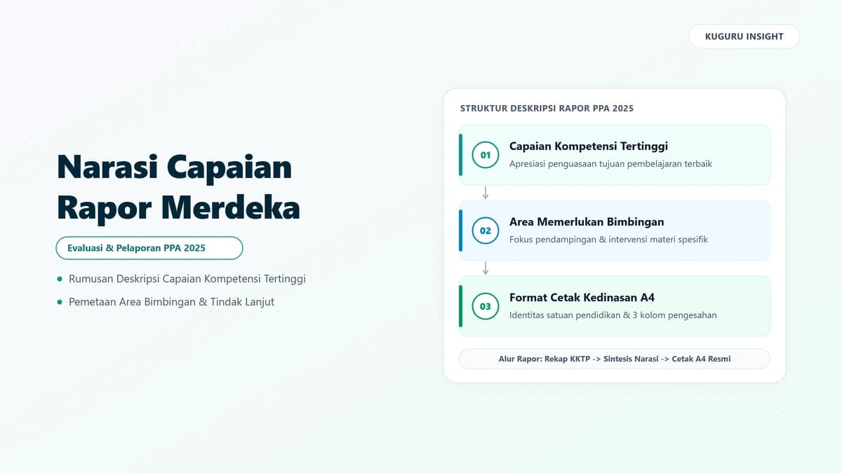 Lembar laporan hasil belajar kurikulum merdeka dengan deskripsi capaian kompetensi tertinggi dan area bimbingan siswa