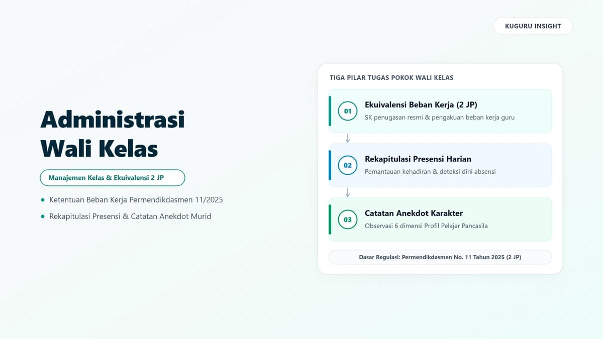 Meja kerja administrasi wali kelas dengan buku presensi digital dan lembar catatan observasi karakter siswa